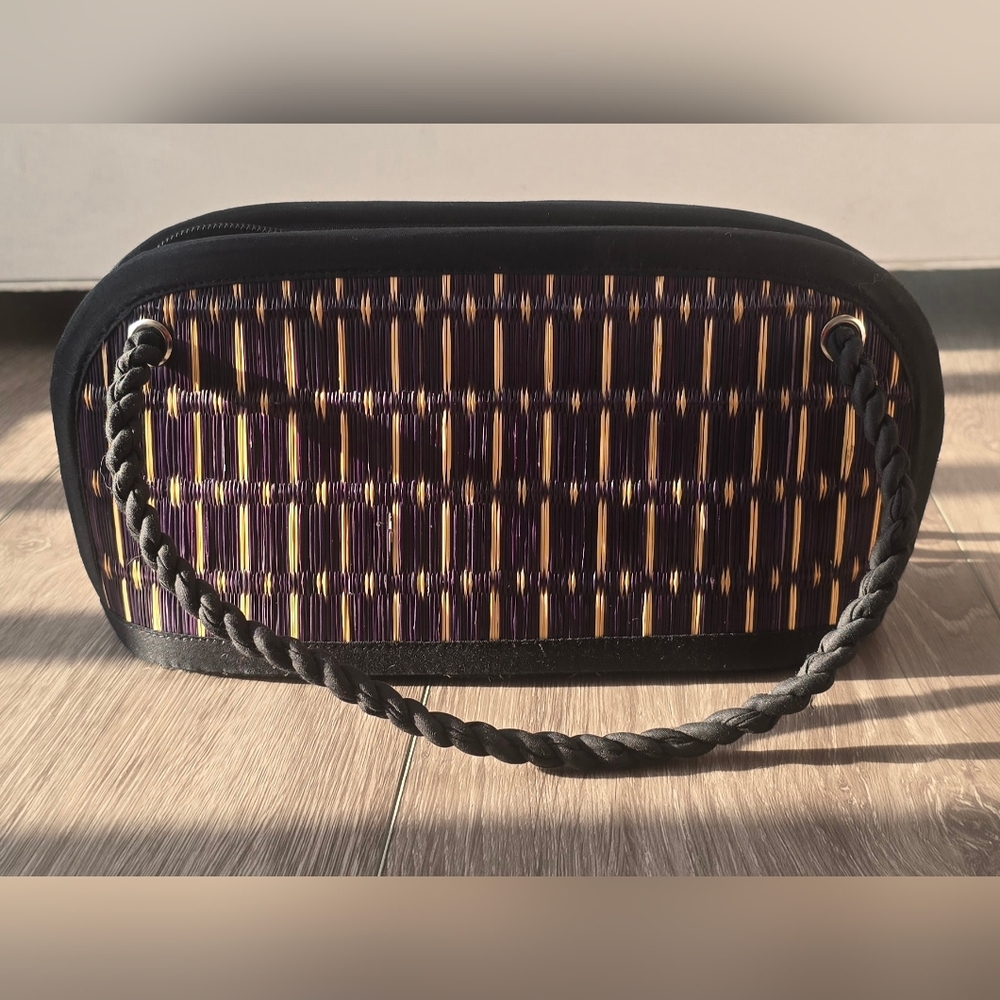 Woven Straw Clutch Boho Bag Black Tan Bamboo Style Summer Beach Purse - Picture 3 of 8